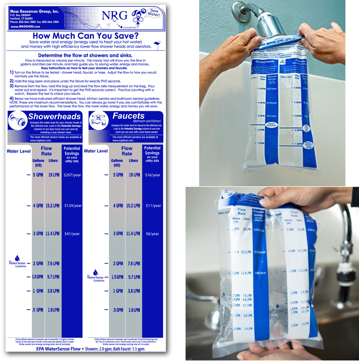 Flow Drip Kit - Gauge Water Measuring Vial & Toilet Tank Leak Detecting Tablets & Faucet Flow Gauge Bag