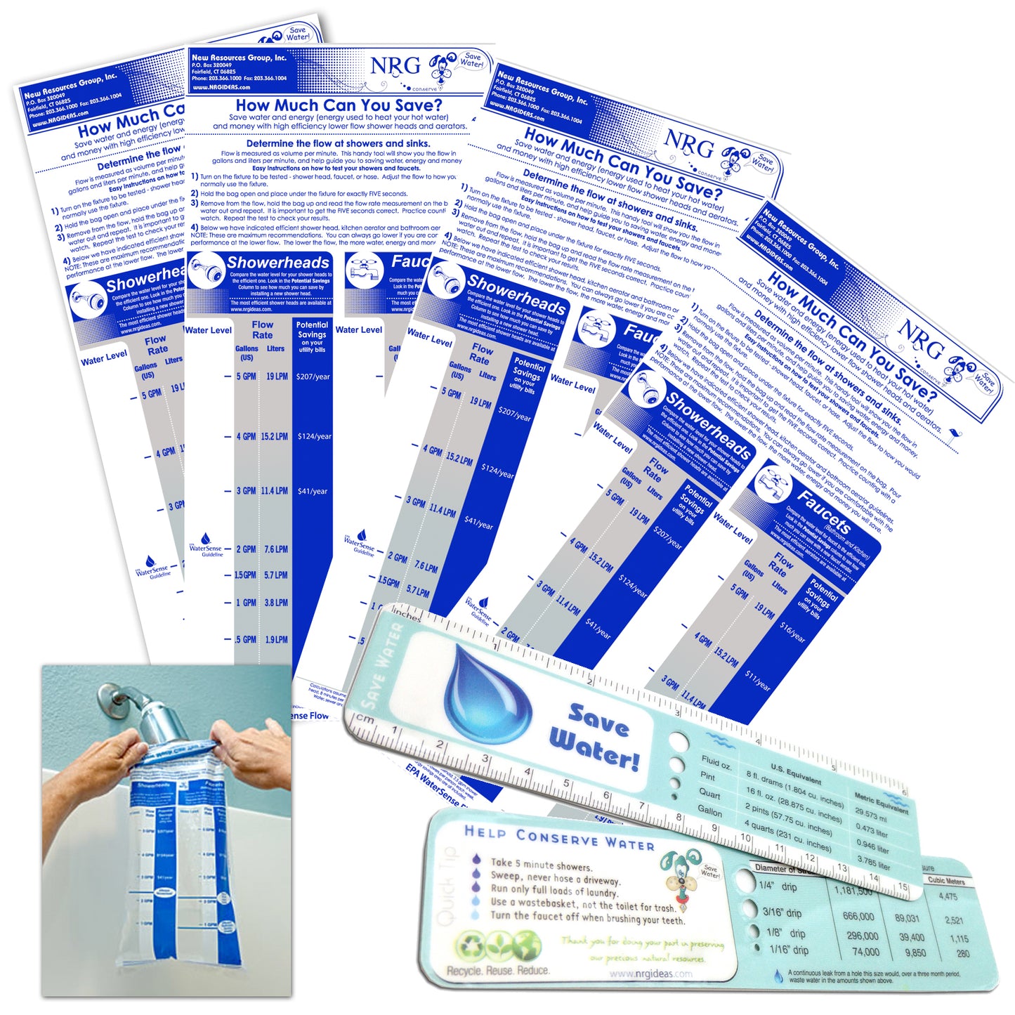 Pack of Faucet and Shower Flow Gauge Measuring Bags + Water Drip Rulers