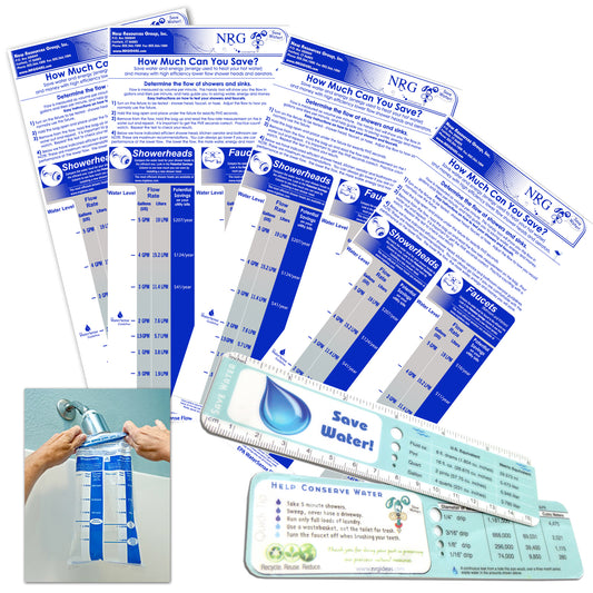 Pack of Faucet and Shower Flow Gauge Measuring Bags + Water Drip Rulers