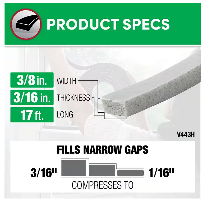 Window Door Foam Tape, 3/16-by-3/8-Inch by 17 Feet, Gray Sealing Weatherstrip
