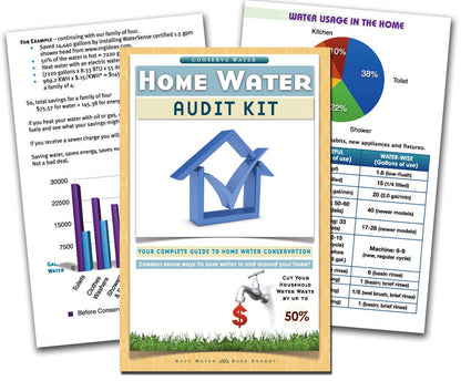 Home Water Audit Kit, book, flow gauge bag & dye tablets find leaks and conserve