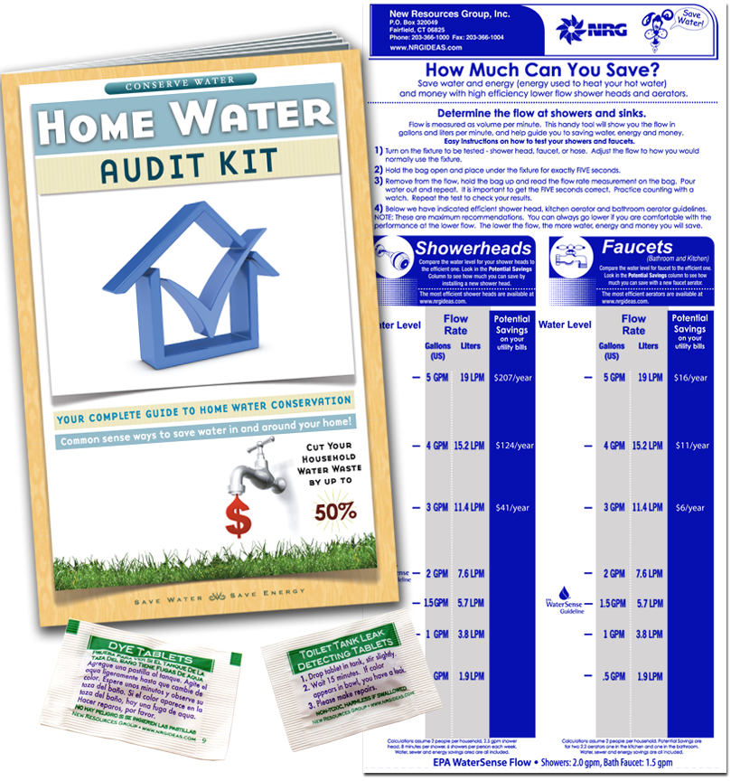 Home Water Audit Kit, book, flow gauge bag & dye tablets find leaks and conserve