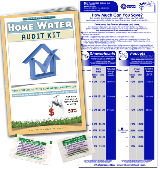 Home Water Audit Kit, book, flow gauge bag & dye tablets find leaks and conserve